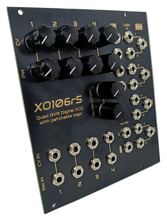 XO106r5: Quad square-wave drone module with patchable logic and filter - BLACK version (22HP)