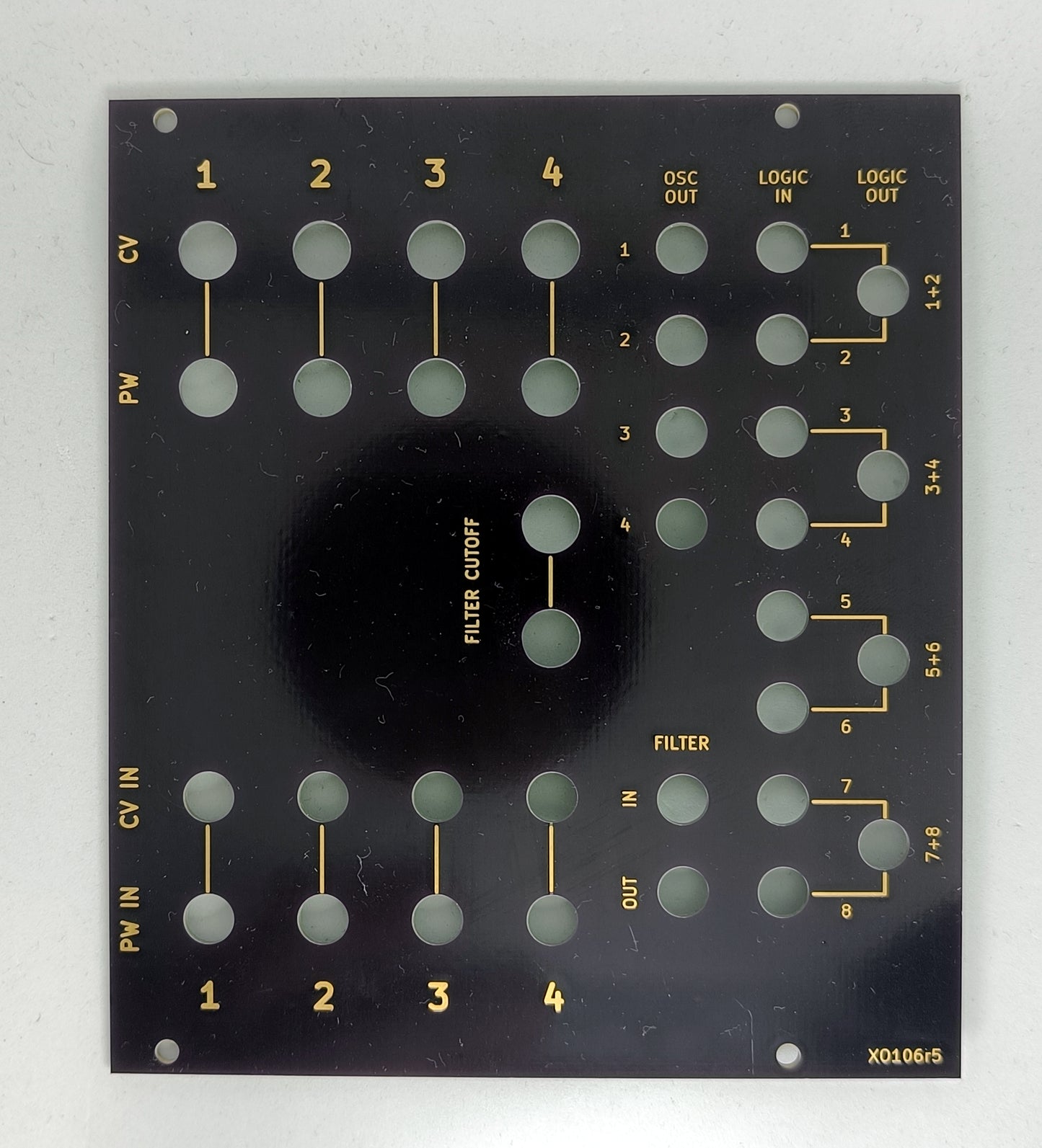 XO106r5: Quad square-wave drone module with patchable logic and filter (PCB/panel)