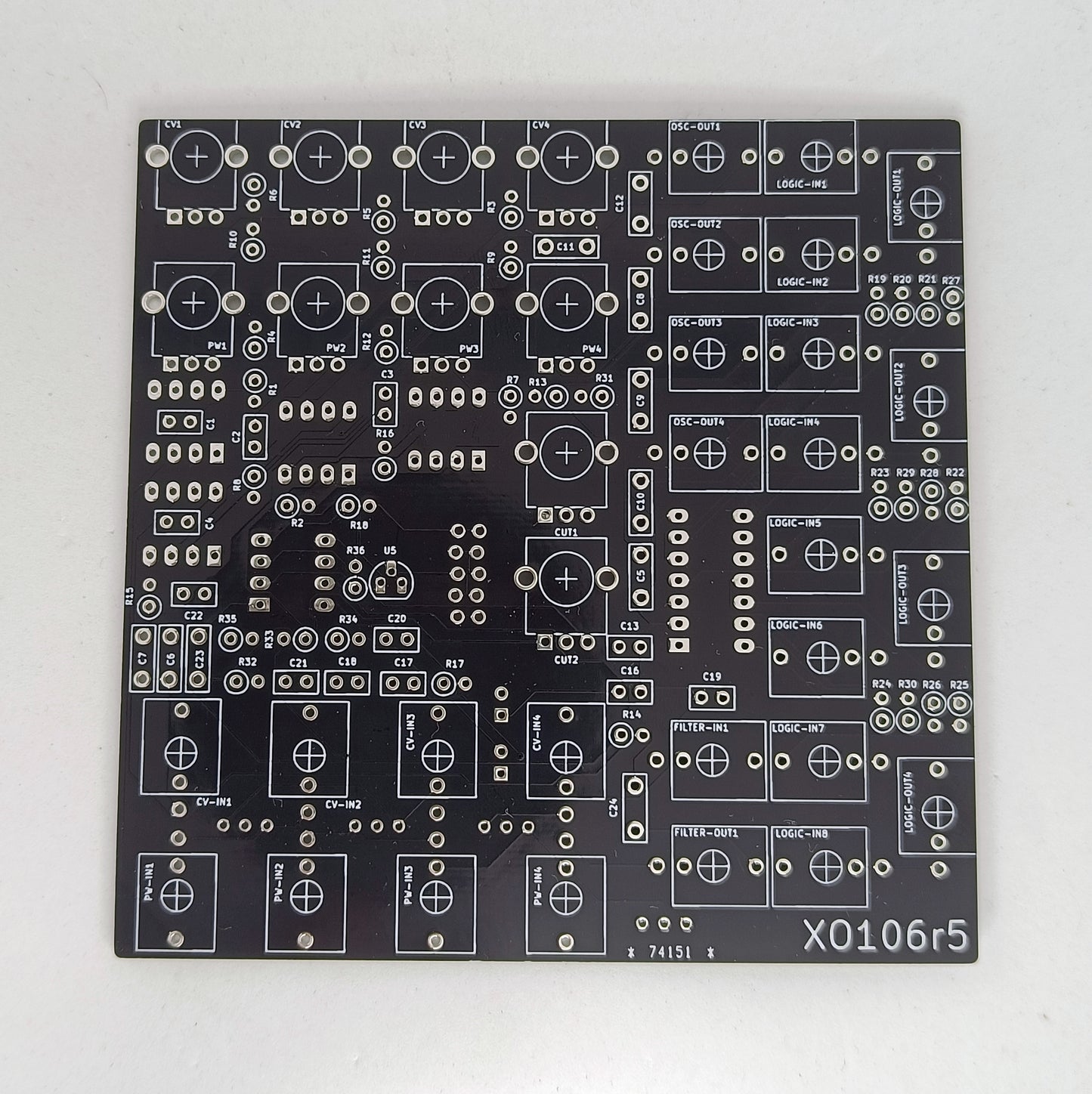 XO106r5: Quad square-wave drone module with patchable logic and filter (PCB/panel)
