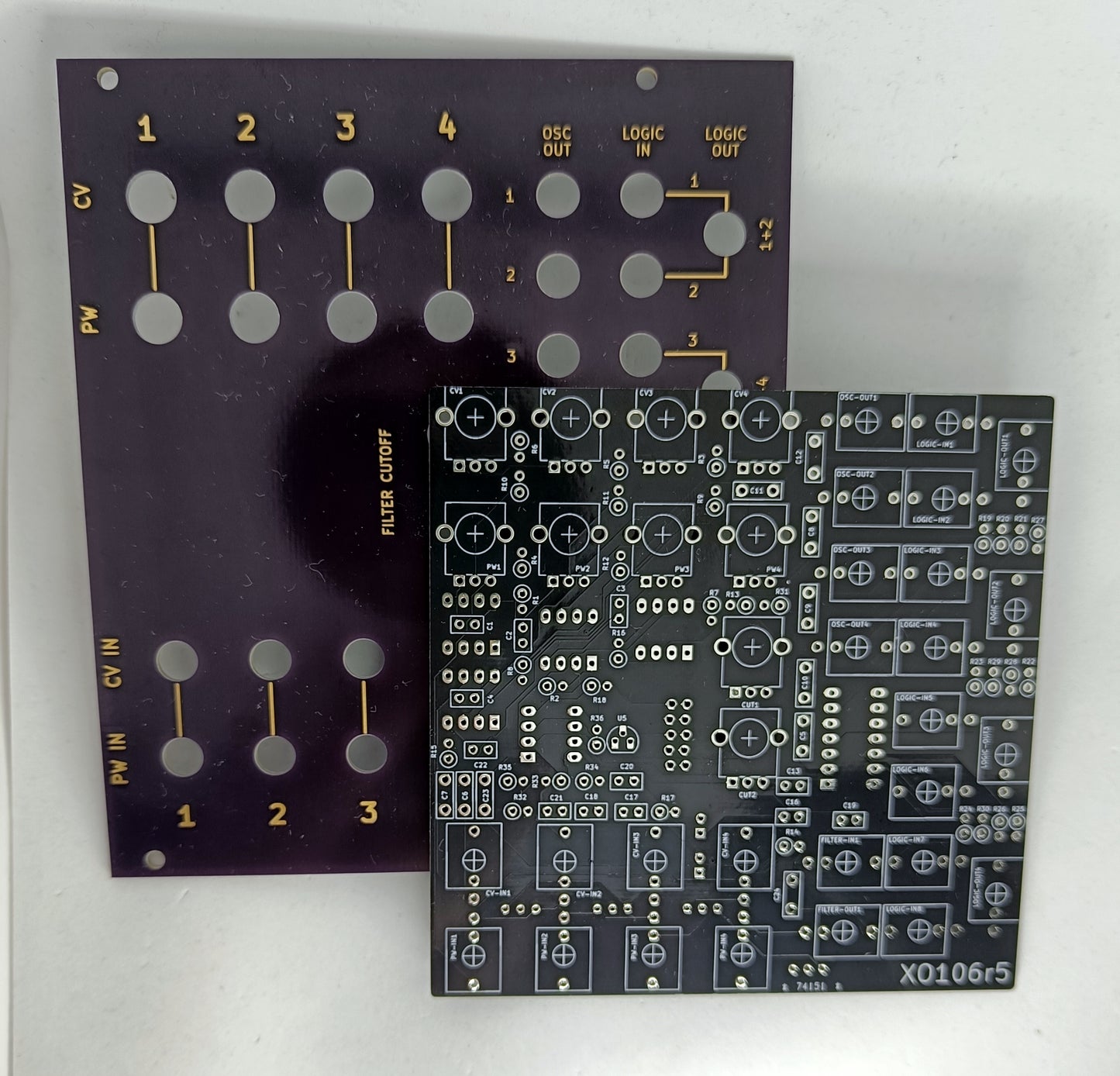 XO106r5: Quad square-wave drone module with patchable logic and filter (PCB/panel)